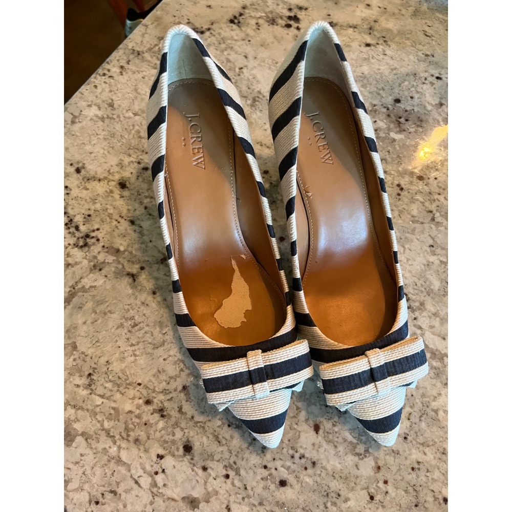 J.Crew Linen Striped Bow Pointed Toe Pumps Navy Cream Stiletto Heels Size 9